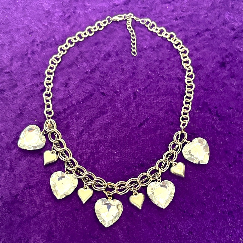 Silver Crystal Heart Charm Necklace with Clear Crystal Hearts - Women Jewelry